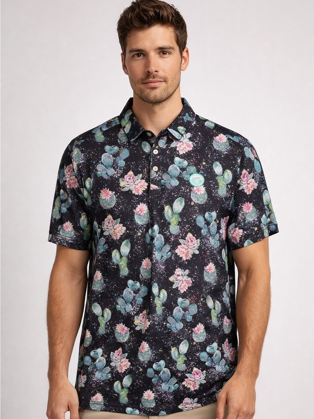 Black Cactus Print Polo Shirt with Pink Accents - Unbranded